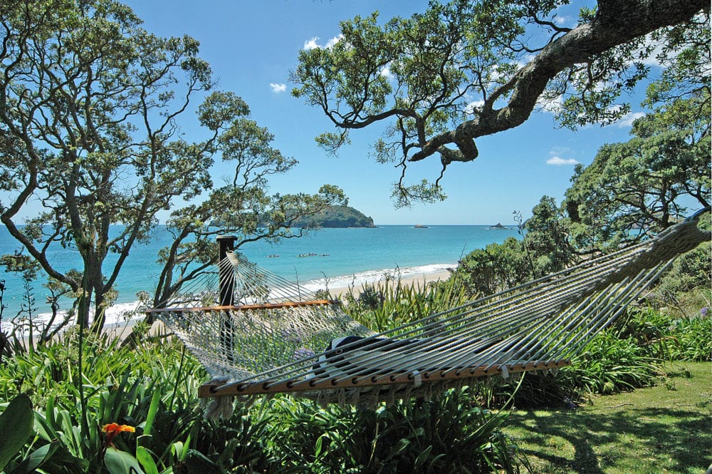 Hammock and view at Preston's original holiday home in Hahei, which she no longer owns